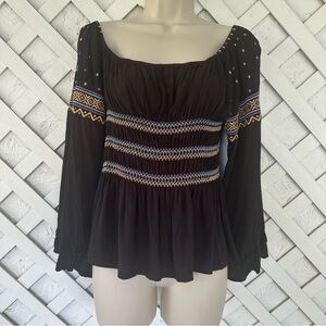 Savanna Jane Black Embroidered Smocked Bell Sleeve Peplum Babydoll Top L